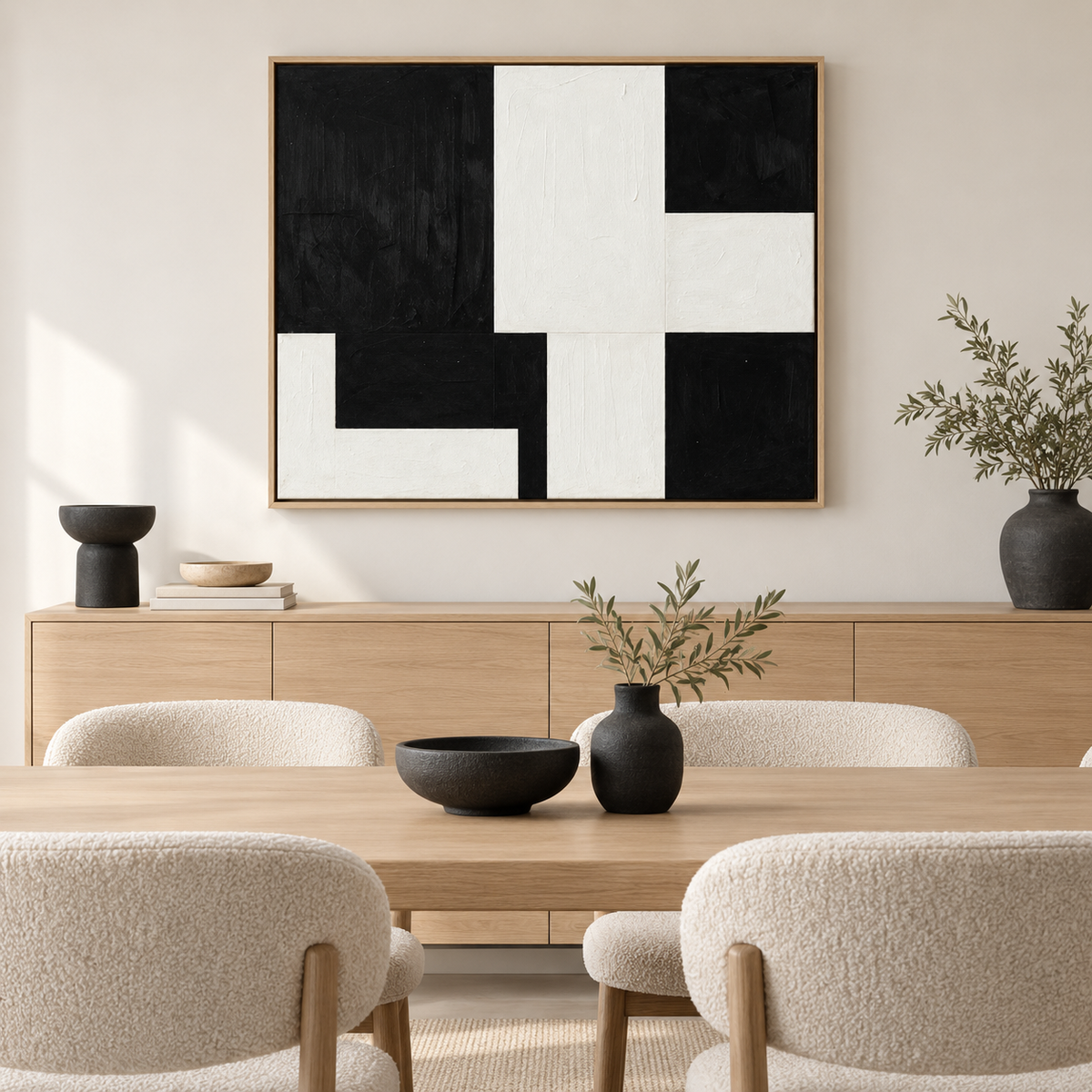 Broken Grid color block painting displayed in a dining room by Rossetti Art