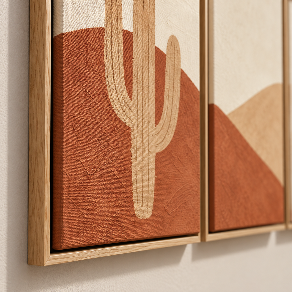 Close-up detail of the terracotta dune and saguaro cactus canvas texture — Desert Trio by Rossetti Art
