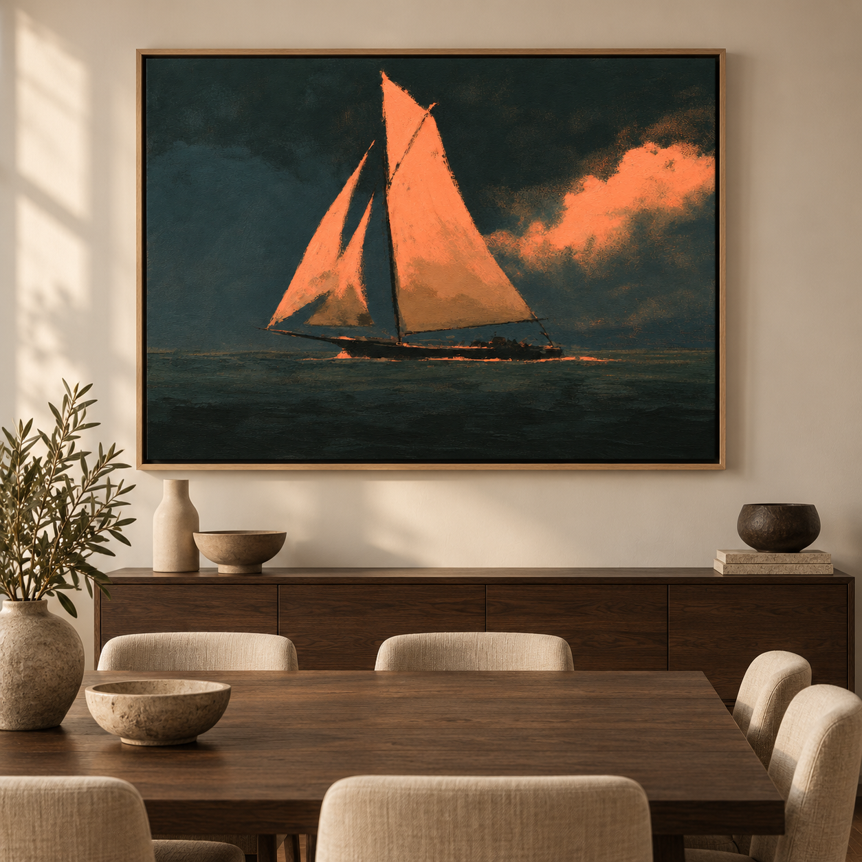Sailboat painting above a dining room sideboard – Coral Wind by Rossetti Art