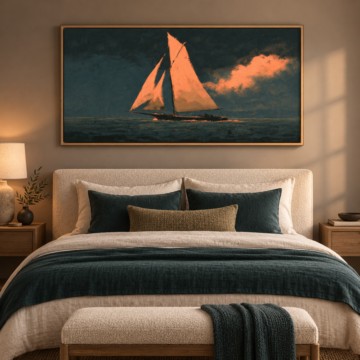 Sailboat painting above a bedroom headboard – Coral Wind by Rossetti Art