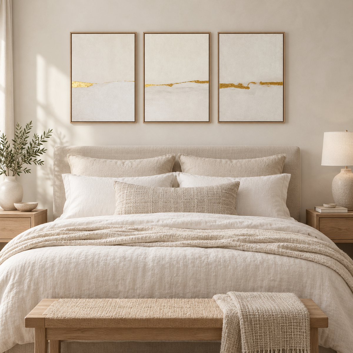 Gold Leaf Wall Art — Gilded Horizon triptych hanging above a bed in a cozy neutral bedroom