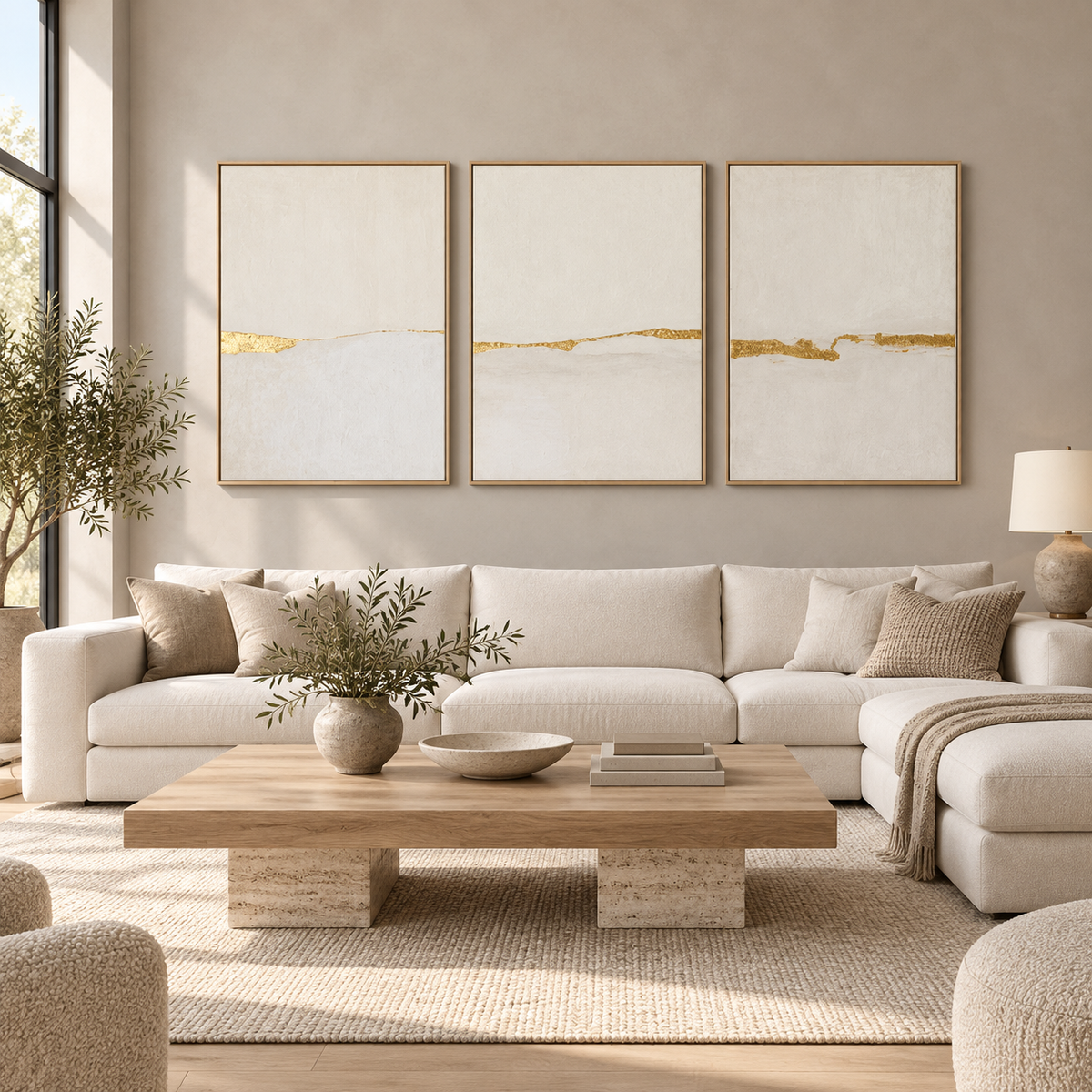 Gold Leaf Wall Art — Gilded Horizon triptych hanging above a cream sectional sofa in a minimalist living room