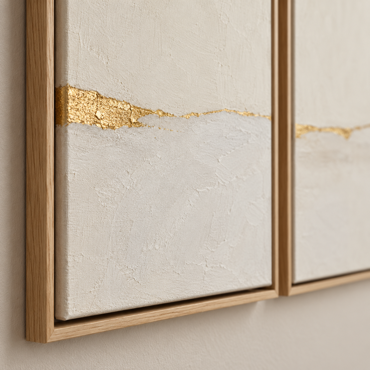 Close-up detail of the genuine gold leaf horizon line and oak float frame on Gilded Horizon