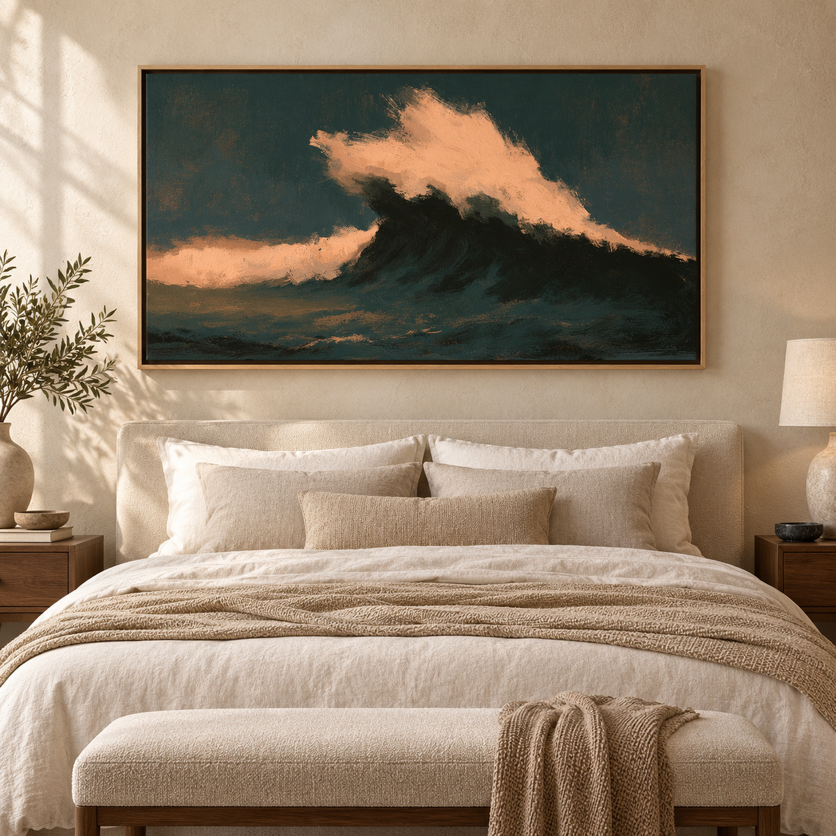 Wave Painting — Midnight Break hanging above a wood dining table in a warm neutral dining room