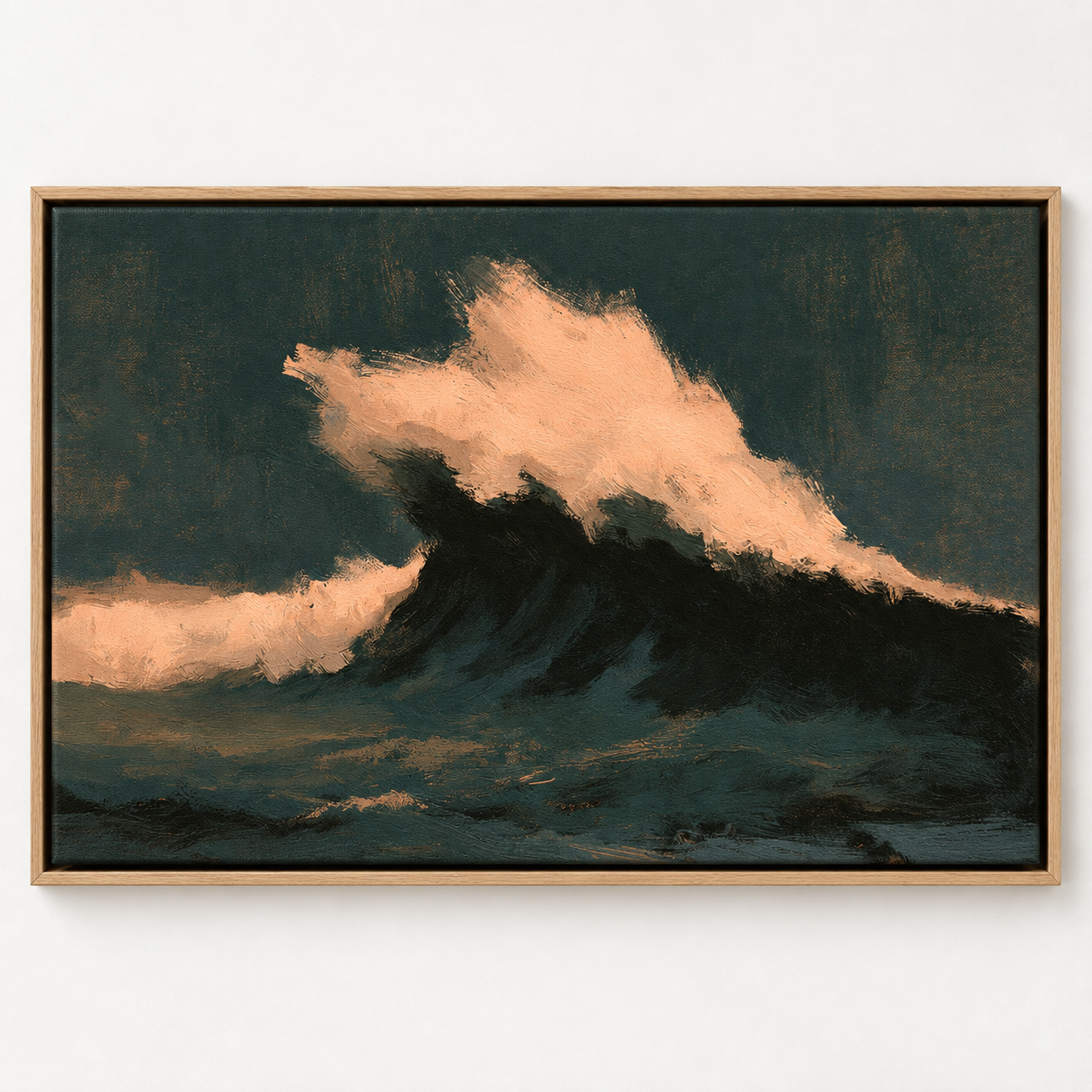 Wave Painting — Midnight Break, clean product shot of a dramatic teal and peach wave in an oak float frame
