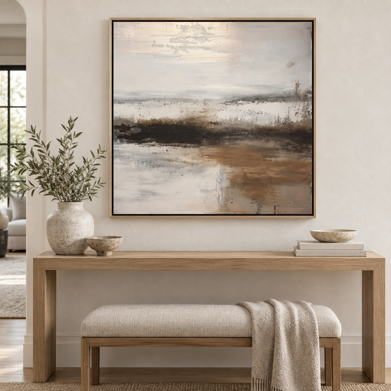 Golden Horizon painting above an entryway console table by Rossetti Art