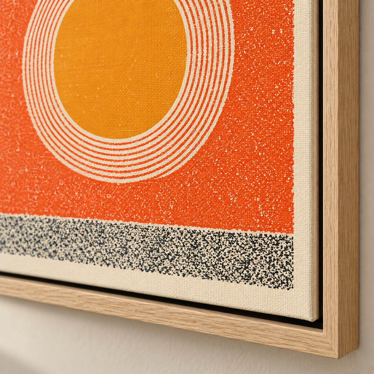 Close-up detail of the concentric rings and canvas texture on the sun painting — Amber Halo by Rossetti Art