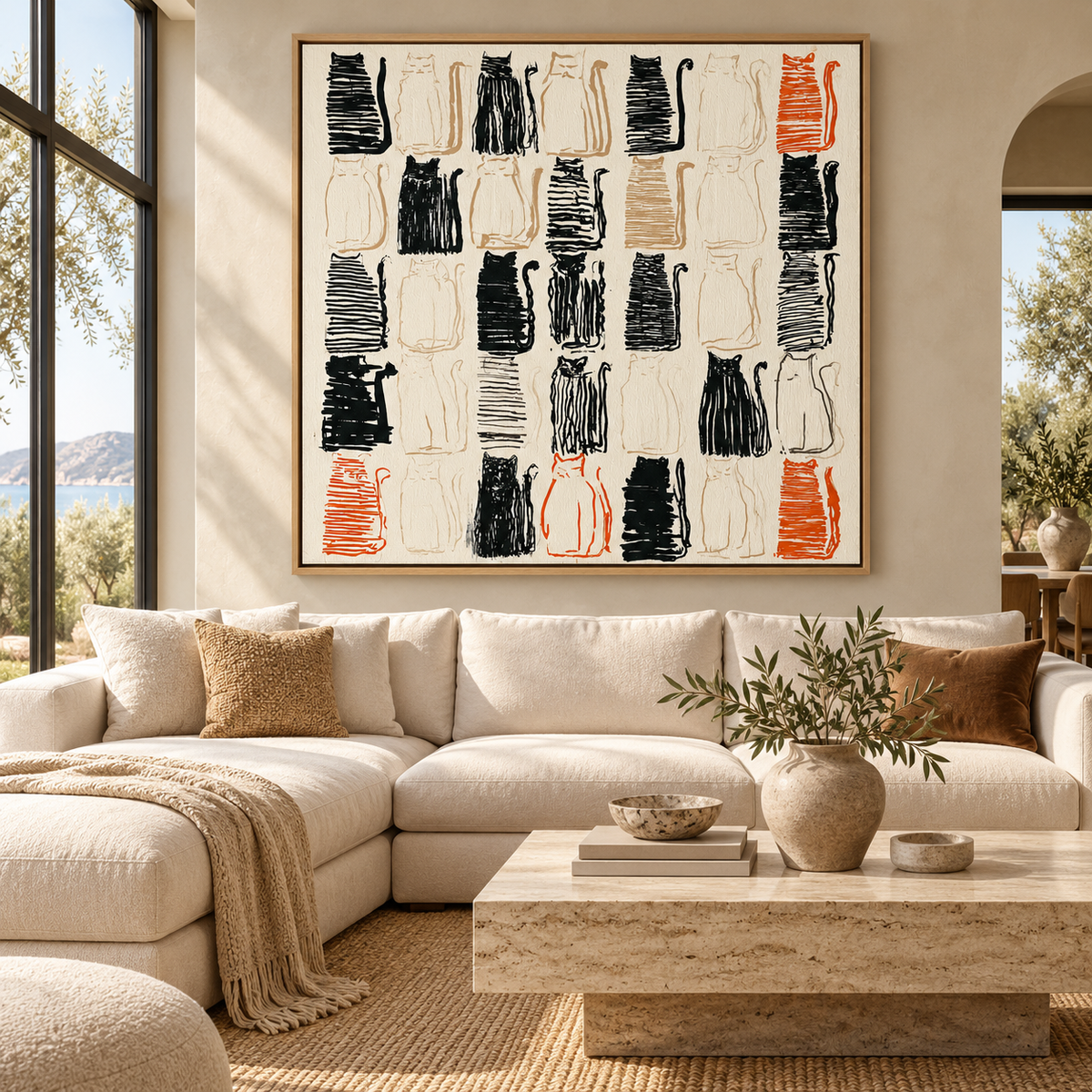Black cat painting in a bold grid pattern – Feline Rows by Rossetti Art