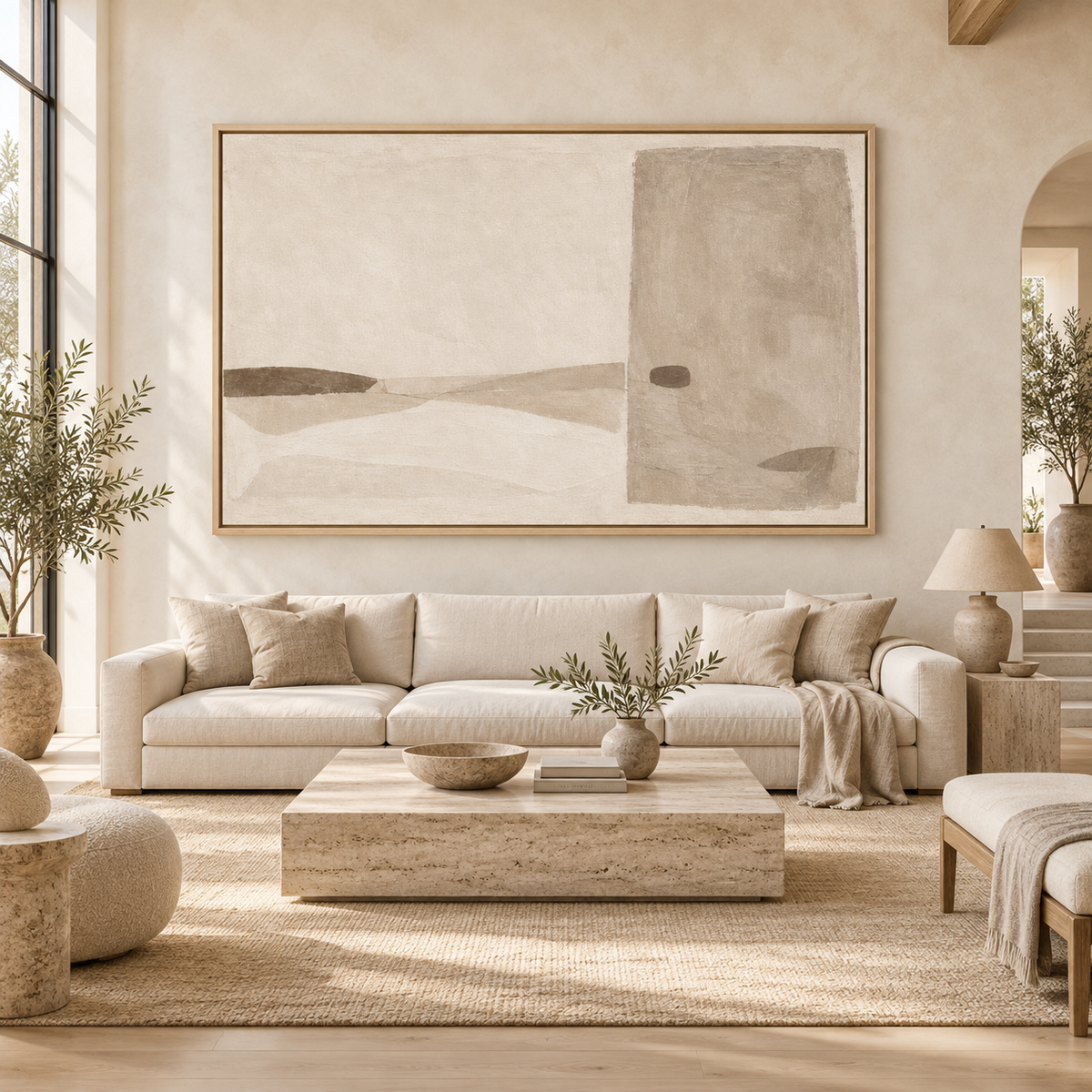Taupe abstract art canvas print in a warm living room above a beige sofa — Quiet Threshold by Rossetti Art