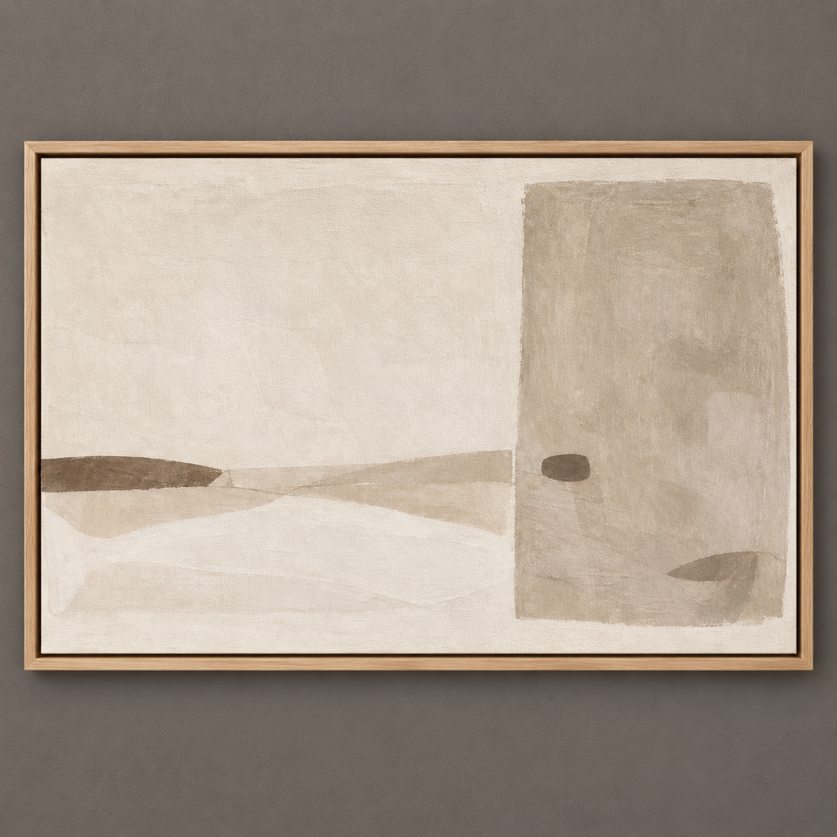 Framed taupe abstract art canvas print, studio wall shot — Quiet Threshold by Rossetti Art