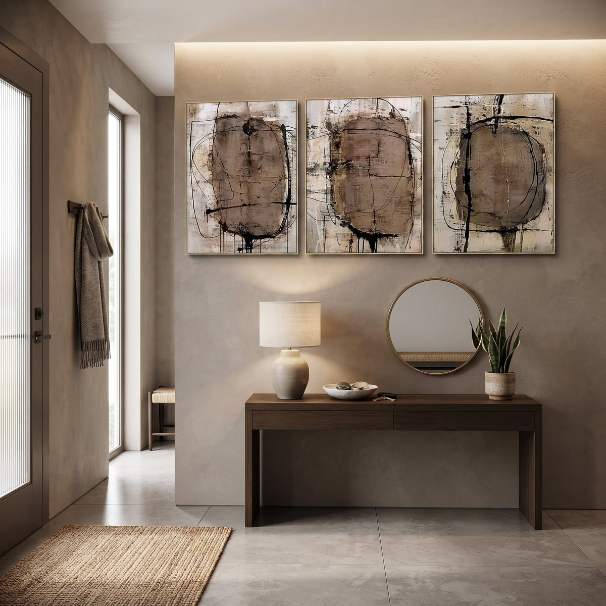 Weathered Formations abstract painting set of 3 displayed above a living room sofa