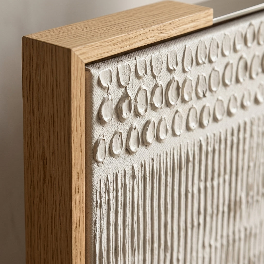 Close-up of hand-applied 3D texture and oak hardwood floater frame corner