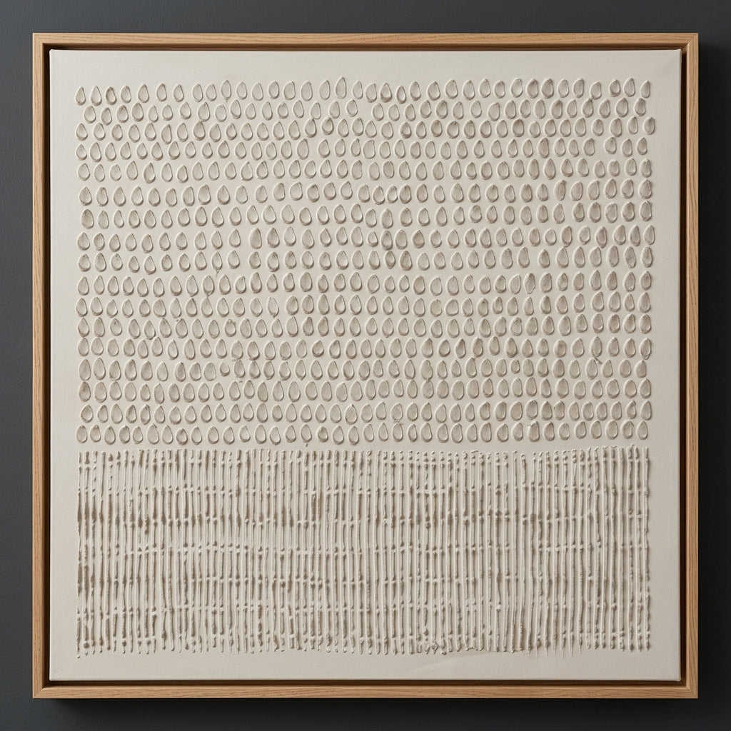 Featured work infographic — textured abstract minimalism, hand-applied 3D texture, hardwood floater frame