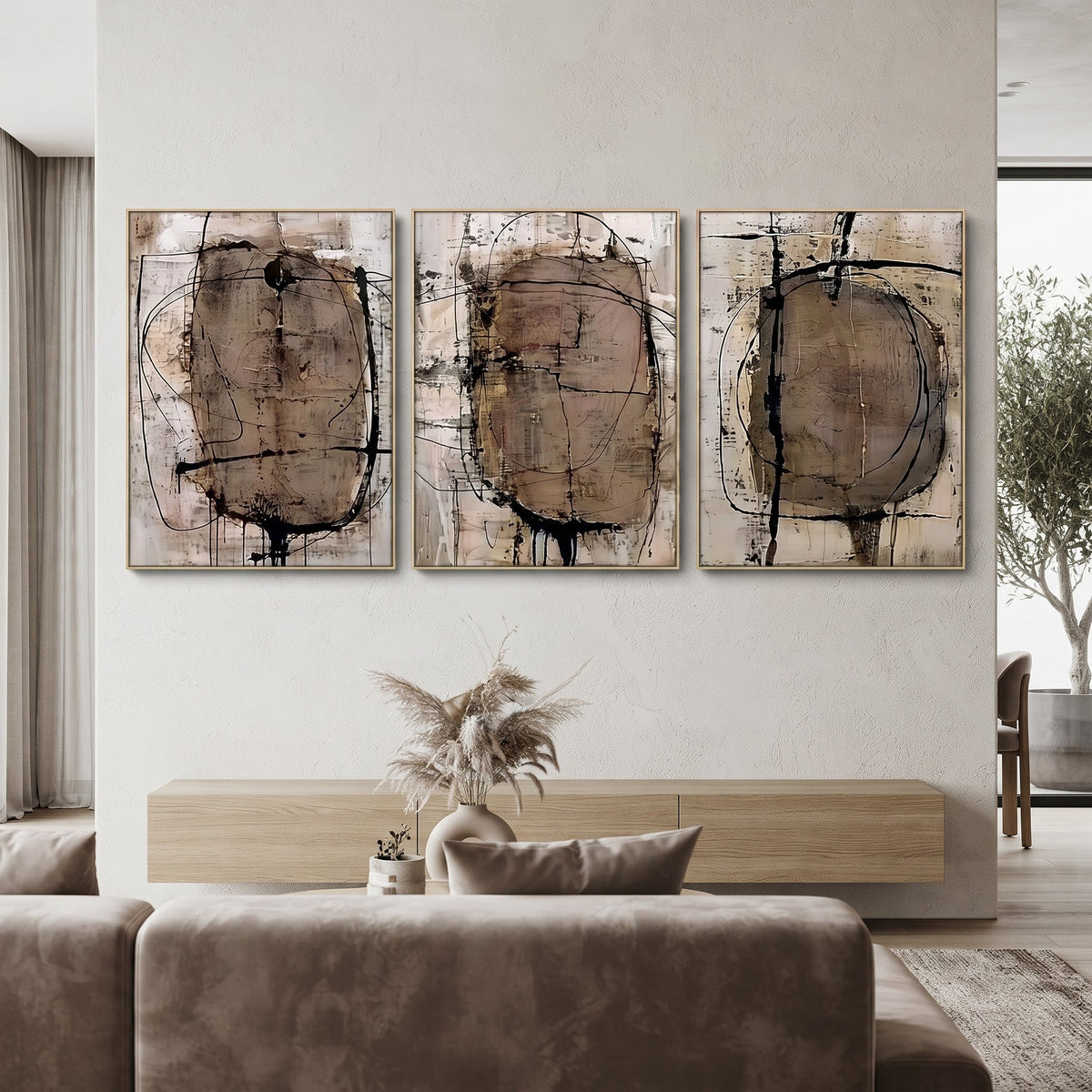 Weathered Formations triptych in a hardwood floater frame in a neutral interior