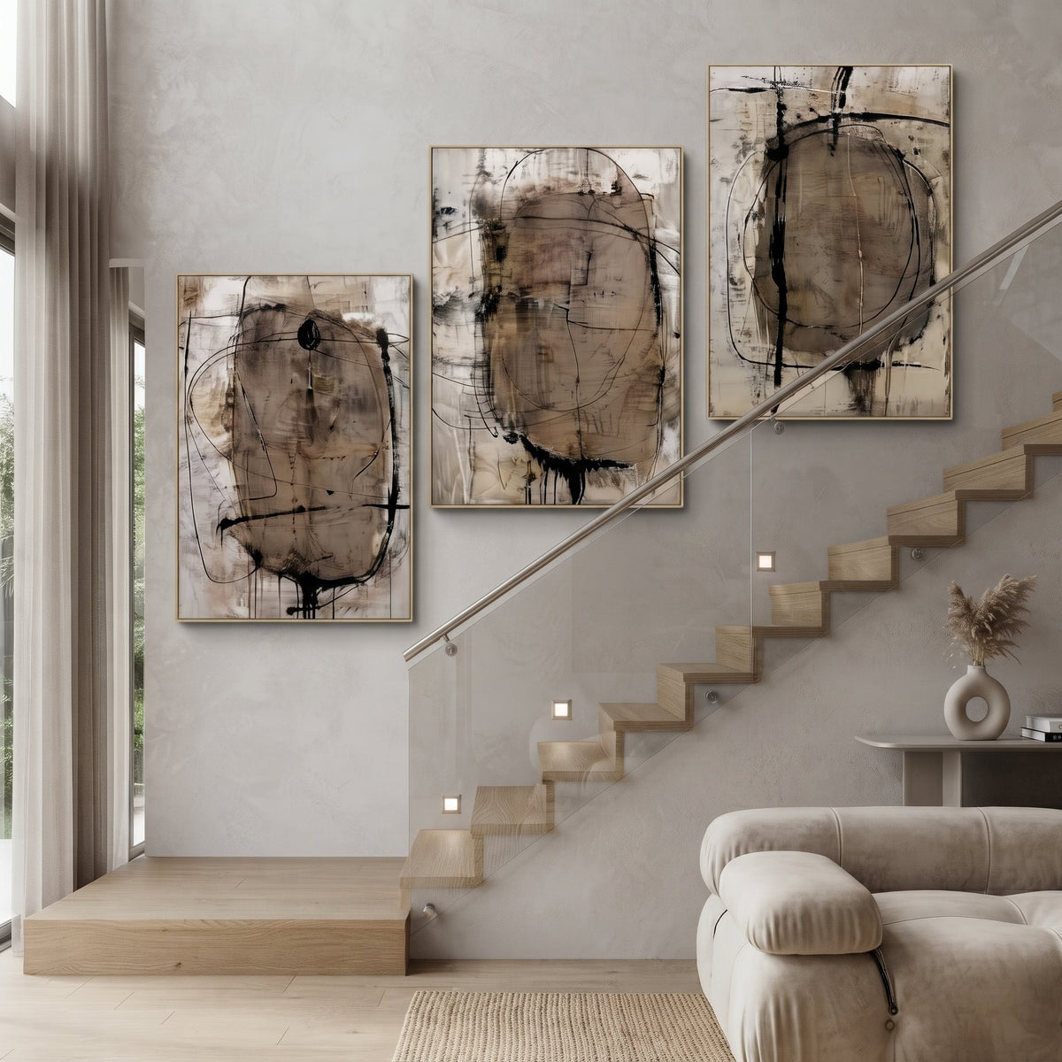 Front view of Weathered Formations abstract painting set of 3 panels by Rossetti Art