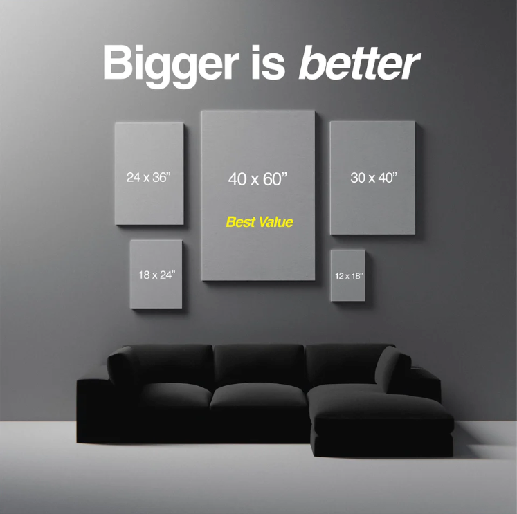 Gray wall art canvases of different sizes with dimensions and 'Best Value' text, displayed on a gray wall with a black sofa.
