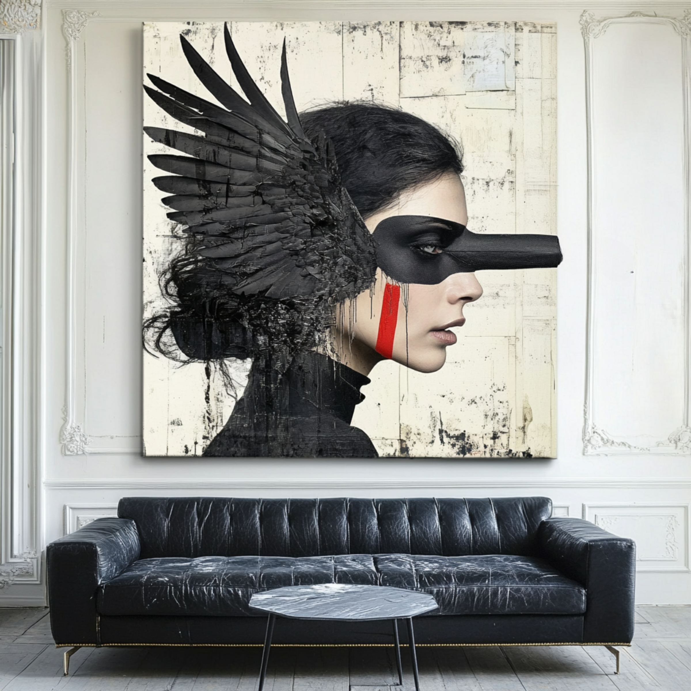 Surreal gothic art print featuring a woman with black wings, a textured dark mask, and red face paint against a pale grunge background. Dramatic and modern wall decor.
