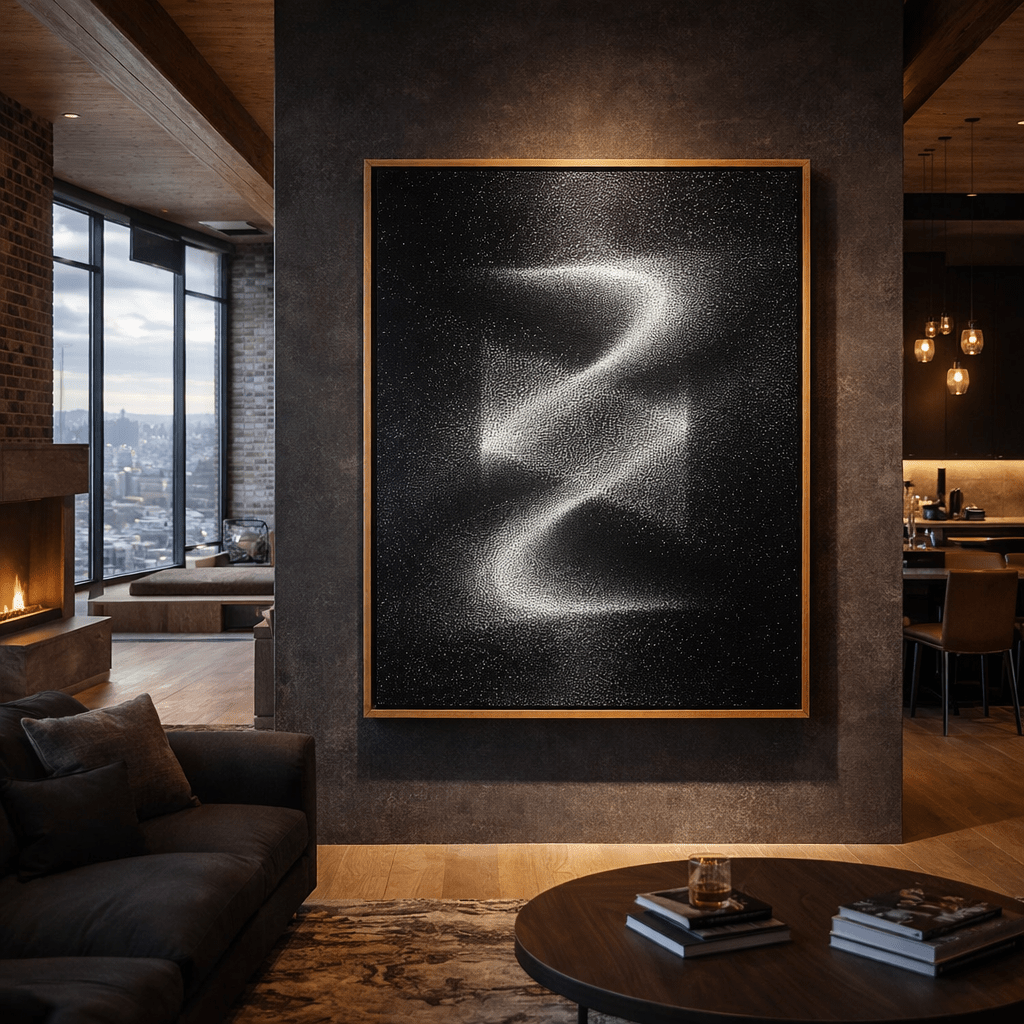 Abstract Art Black and White Print - Midnight Zigzag Glow