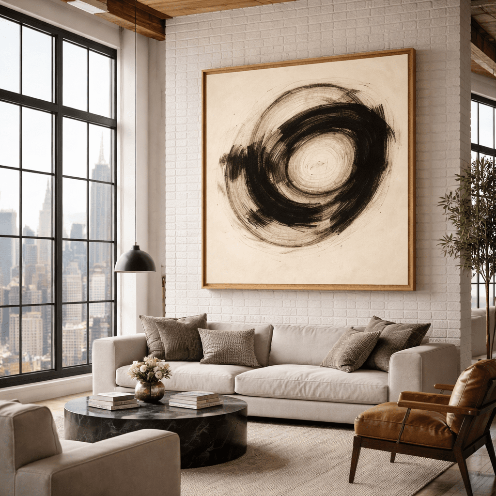 Abstract Circle Art Black and White Canvas Print: Inner Pulse modern abstract canvas wall art by Rossetti Art – luxury interior design artwork for living room, bedroom, office – abstractnew Contemporary Art for Sale contemporary art piece