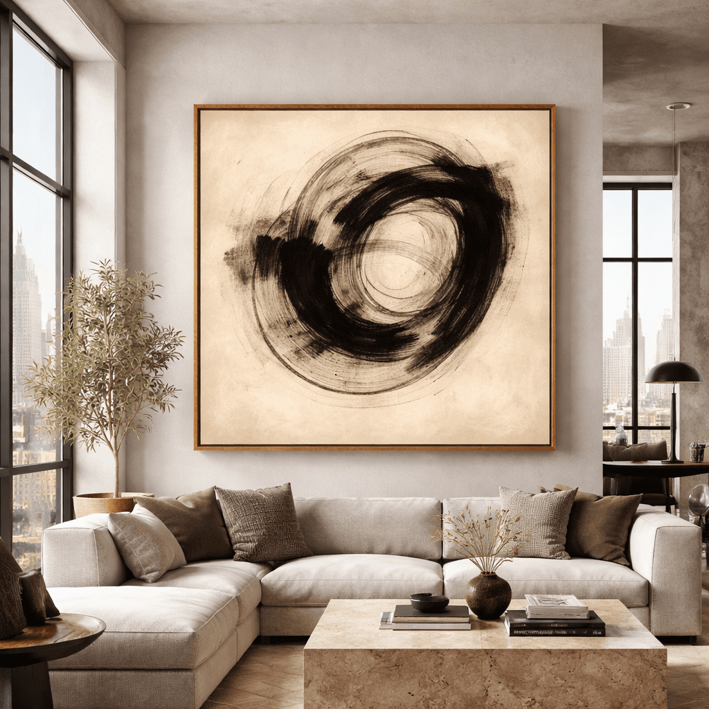 Abstract Circle Art Black and White Canvas Print: Inner Pulse modern abstract canvas wall art by Rossetti Art – luxury interior design artwork for living room, bedroom, office – abstractnew Contemporary Art for Sale contemporary art piece