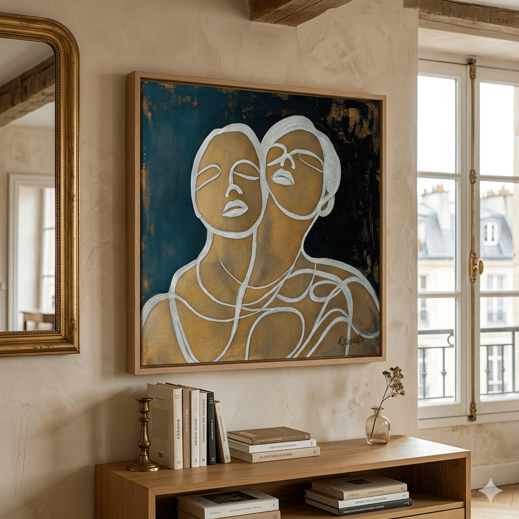 Abstract Couple Canvas Wall Art – Golden Embrace | Rossetti Art