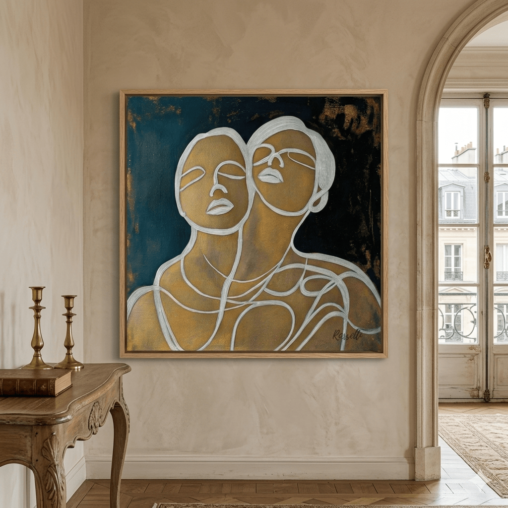 Abstract Couple Canvas Wall Art – Golden Embrace | Rossetti Art