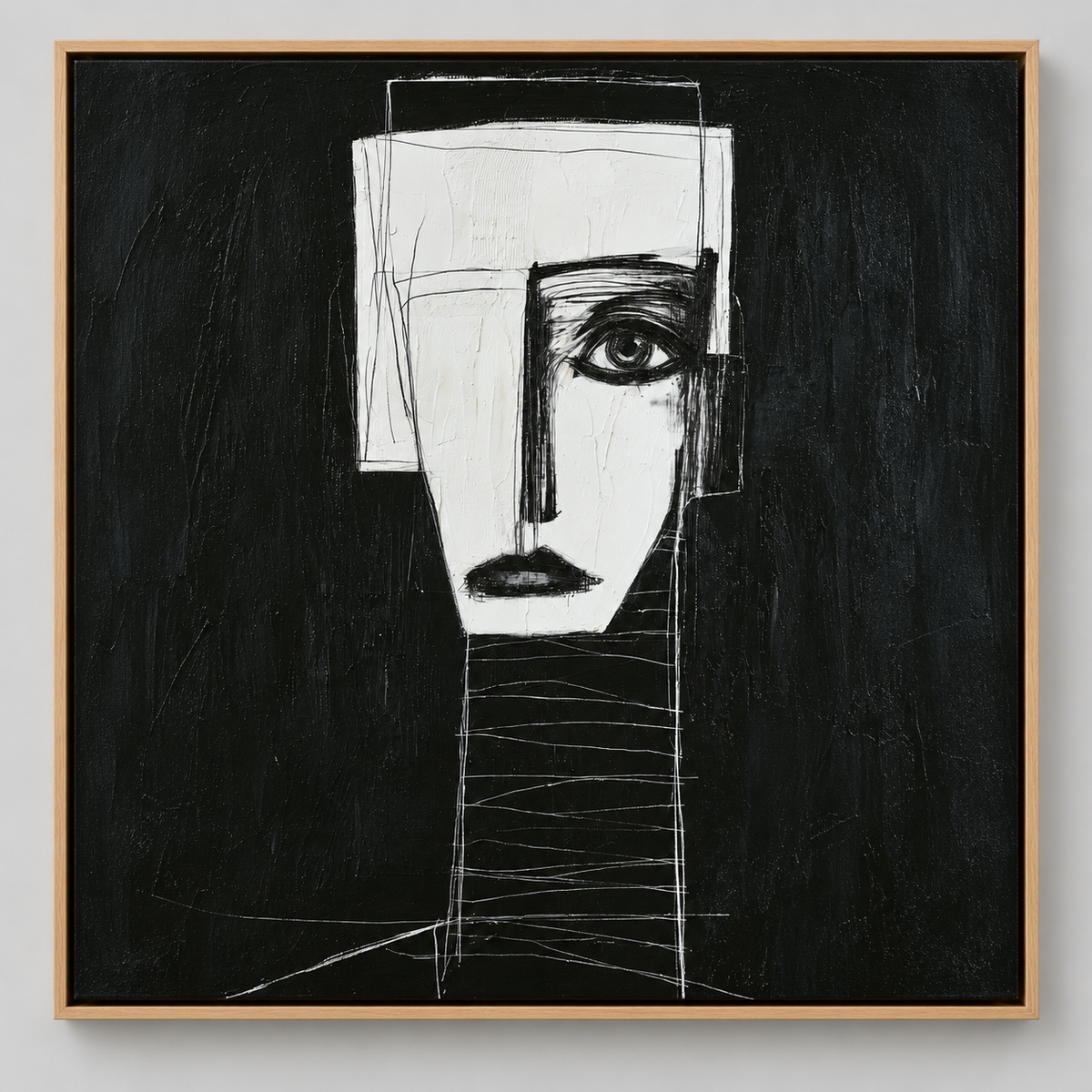 Abstract Face Painting Original – Ivory Sentinel by Rossetti Art, ivory geometric face on a black ground