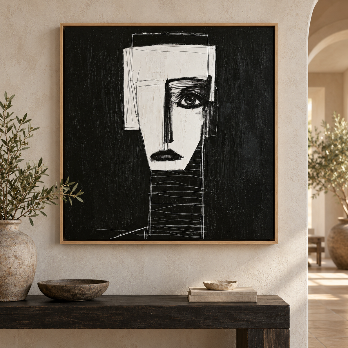 Black and white abstract face painting Ivory Sentinel above a dark wooden console in an entryway