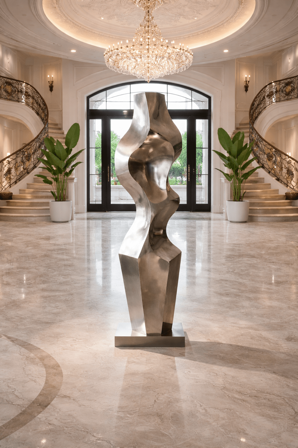 Abstract Fiberglass Sculpture in Silver | Liquid Reverie by Rossetti Art