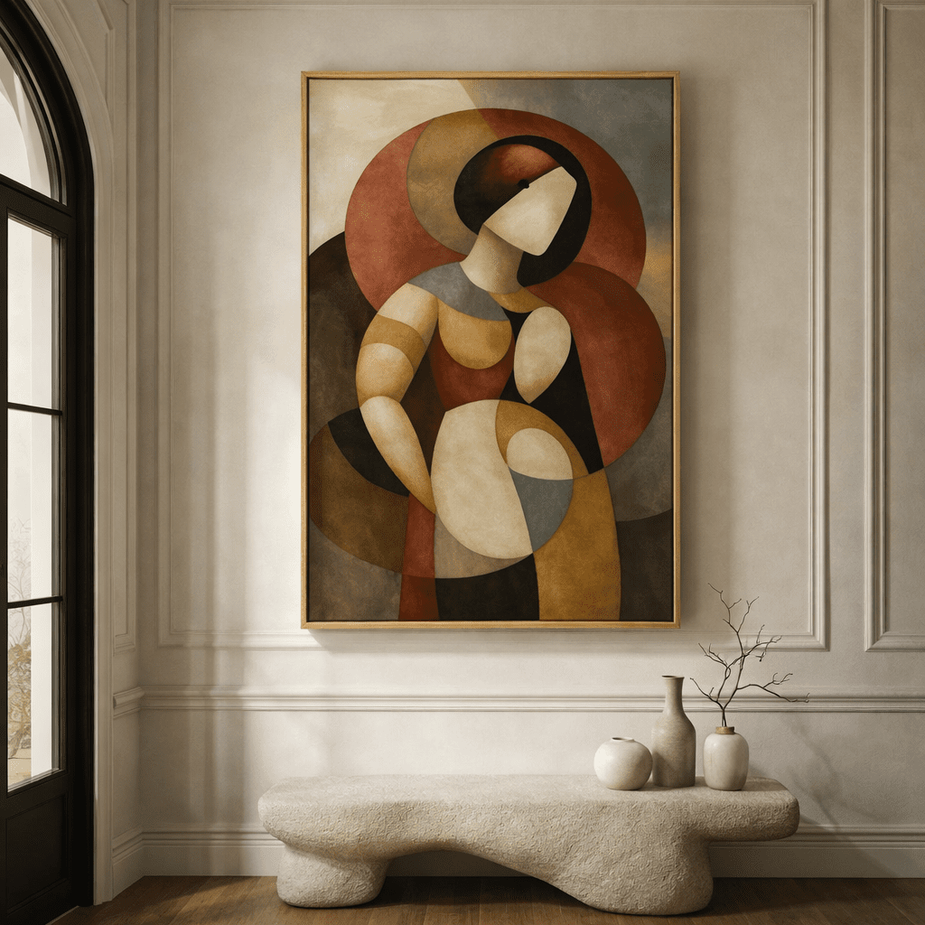 Abstract Figurative Canvas Print in Earth Tones – Cubist Muse Wall Art for Modern Living Rooms | Rossetti Art modern abstract canvas wall art by Rossetti Art – luxury interior design artwork for living room, bedroom, office – figurative modern abstract artwork modern abstract wall art