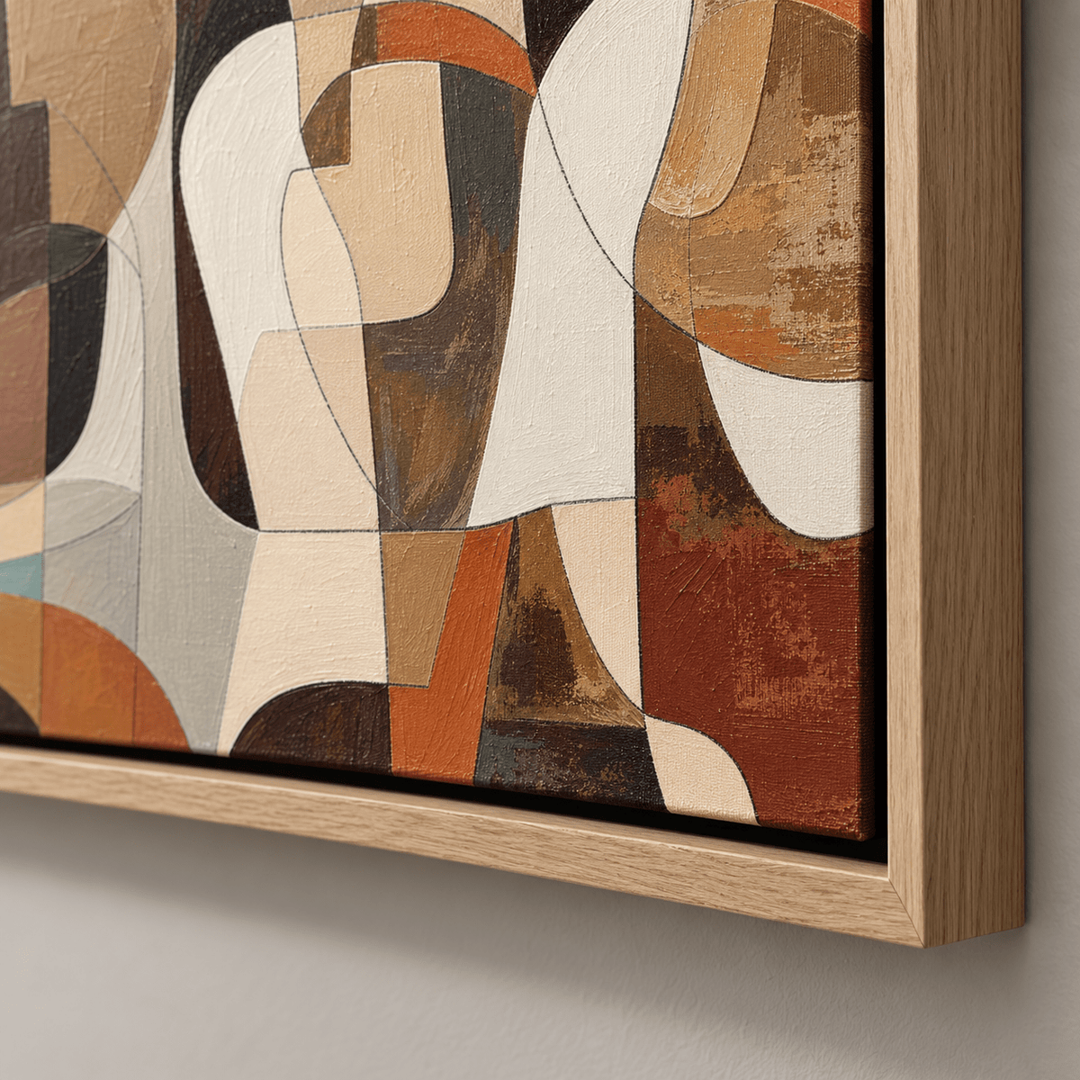 Close-up detail of the textured brushwork and oak float frame on Terracotta Assembly by Rossetti Art