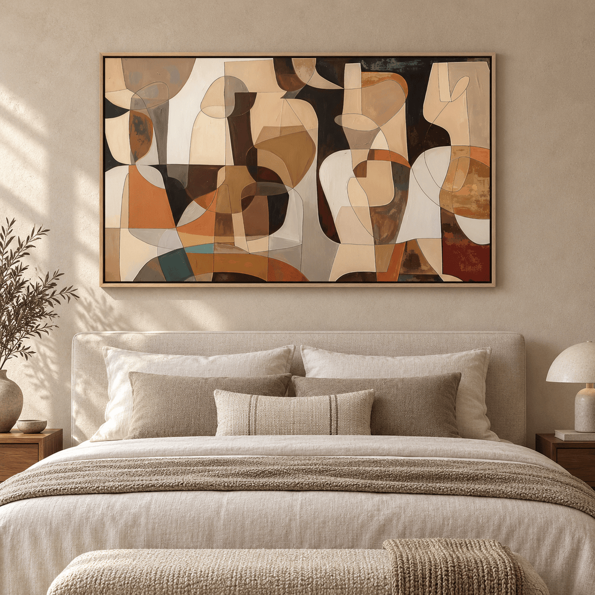 Abstract figures painting above a bed in a warm neutral bedroom – Terracotta Assembly by Rossetti Art