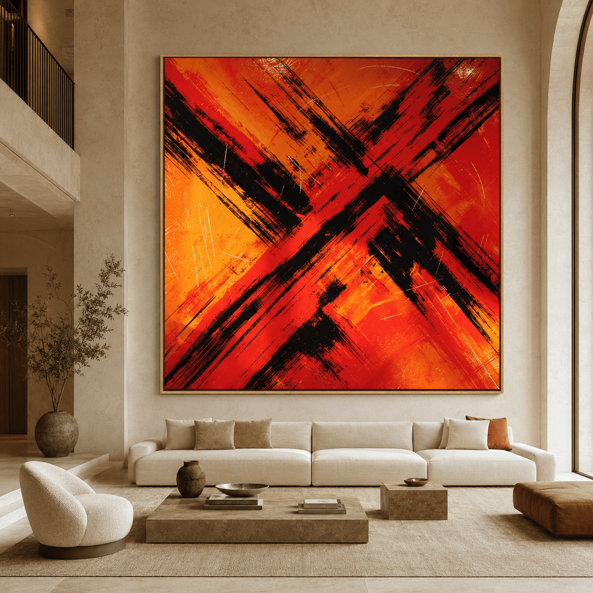 Abstract fire painting with red, orange, and black crossing brushstrokes – Crossfire by Rossetti Art, in a modern living room with high ceilings