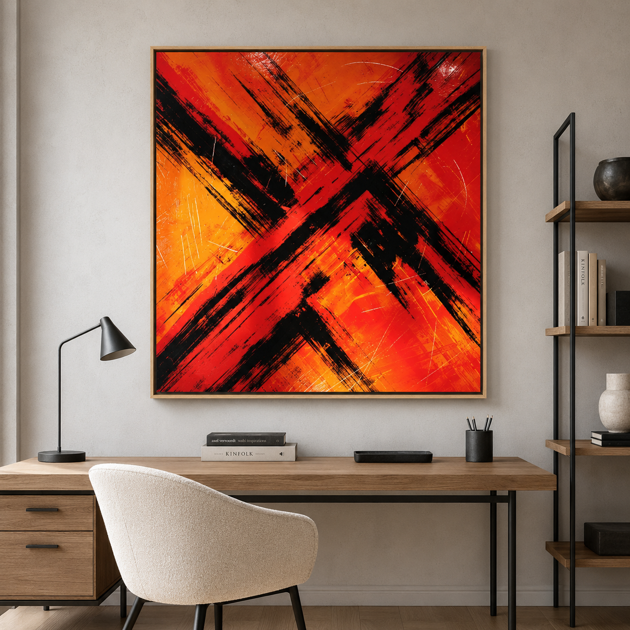Abstract fire painting with red, orange, and black crossing brushstrokes – Crossfire by Rossetti Art, above a home office desk
