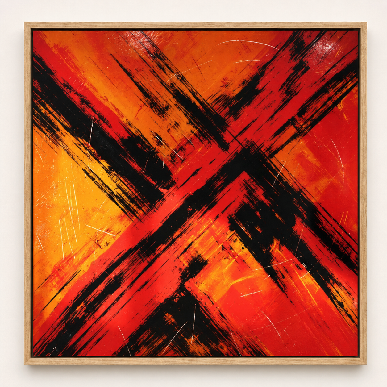 Abstract fire painting with red, orange, and black crossing brushstrokes – Crossfire by Rossetti Art, studio view