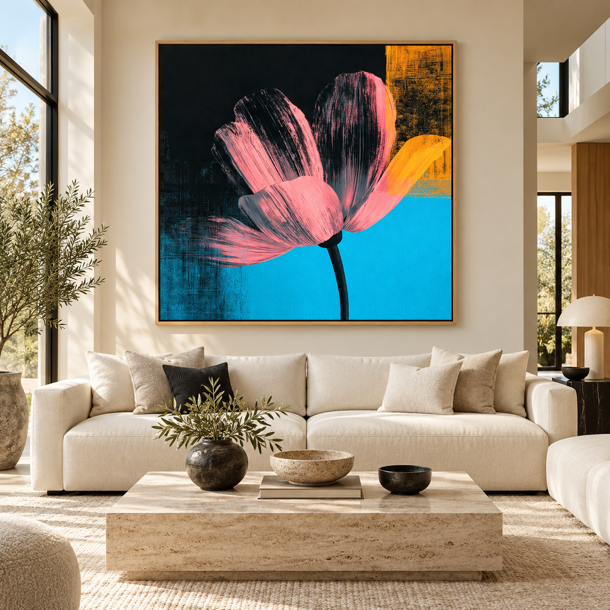 Abstract Flower Wall Art – Petal Strike framed canvas above a cream sofa by Rossetti Art