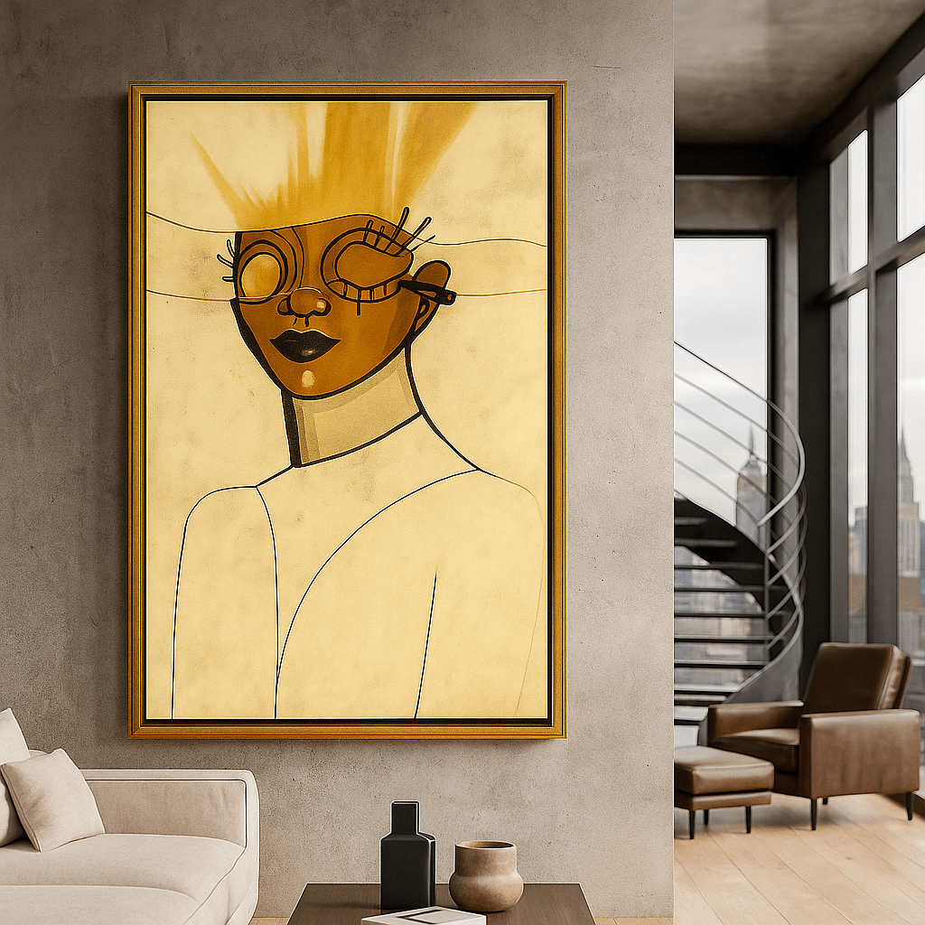 Abstract gold black portrait canvas print in a modern living room – Gilded Reverie by Rossetti Art