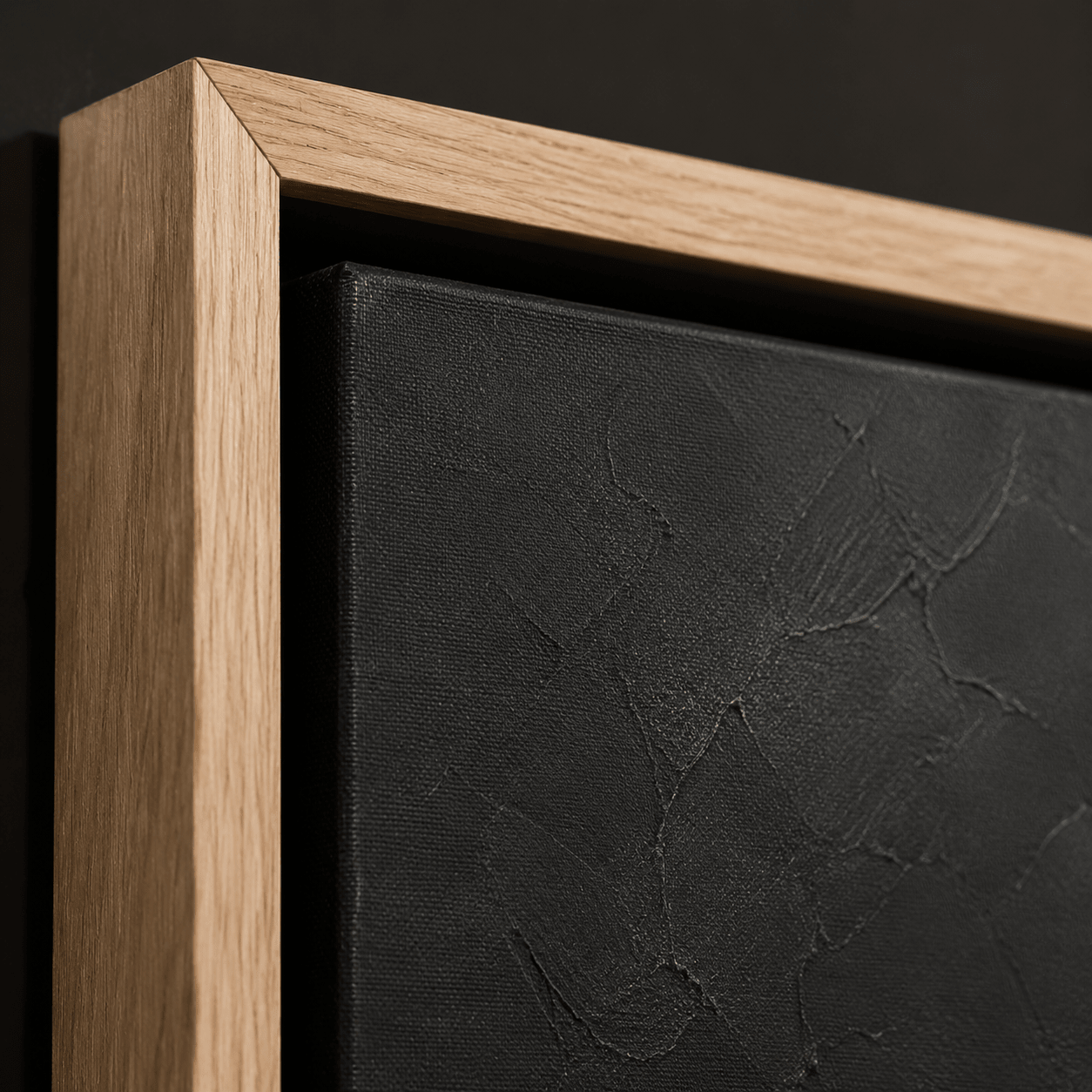 Close-up detail of the palette-knife texture and oak frame corner on Golden Fault Line – Rossetti Art