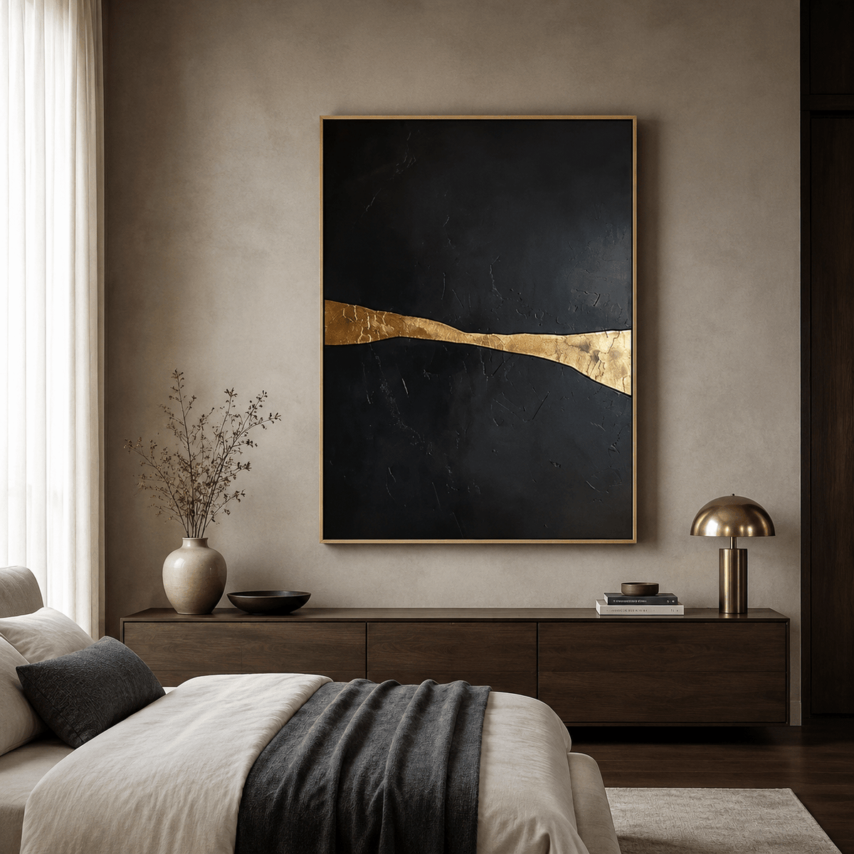 Golden Fault Line abstract landscape painting above a bed in a warm-toned bedroom – Rossetti Art