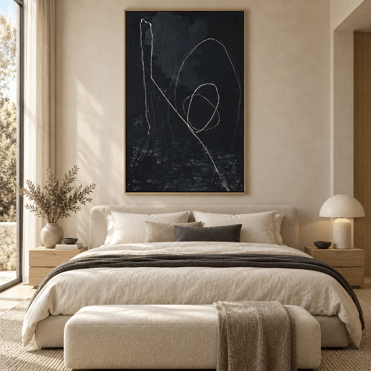Black and white line art canvas hanging above a bed in a bedroom – Loose Thread by Rossetti Art