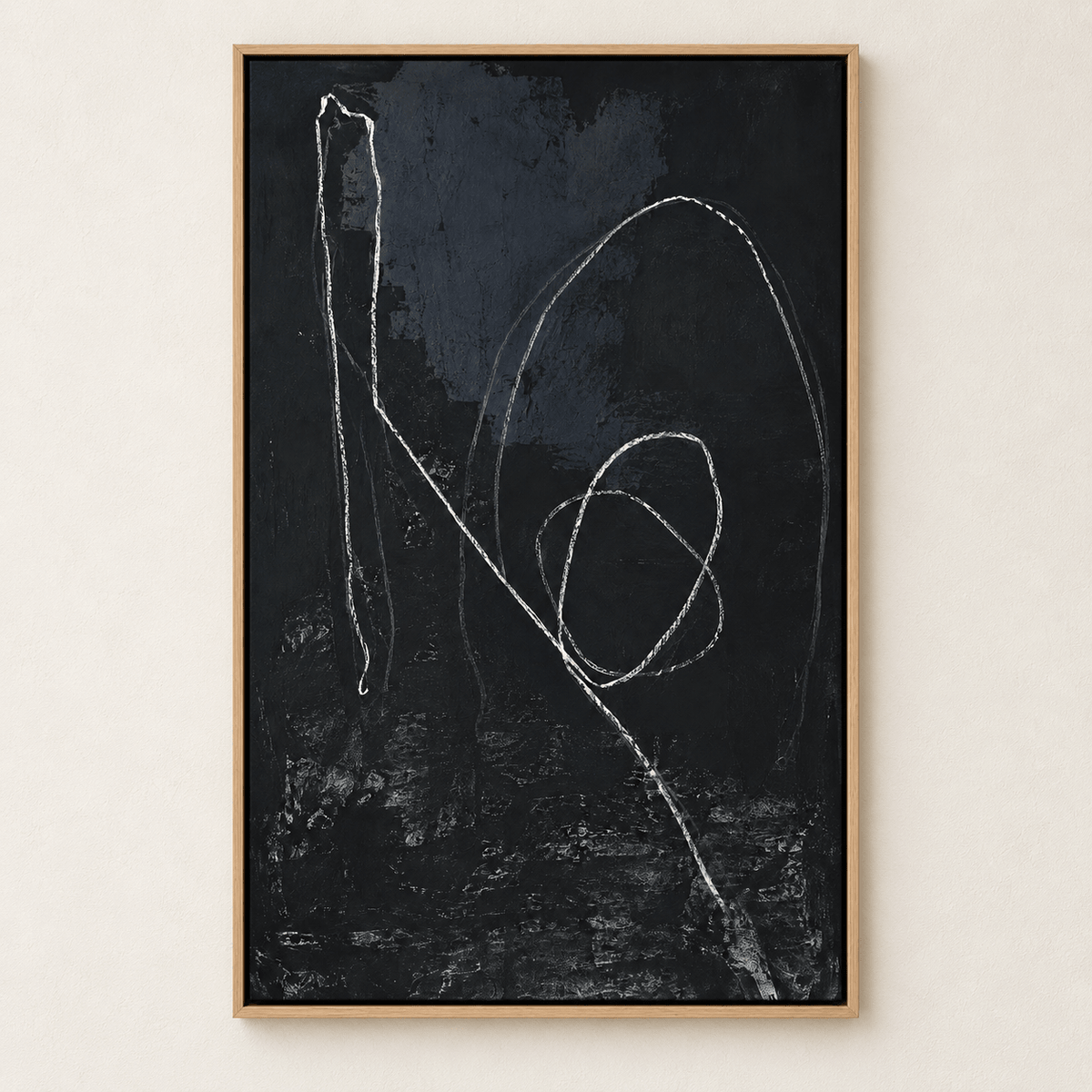 Abstract line drawing on black canvas shown on a plain wall – Loose Thread by Rossetti Art