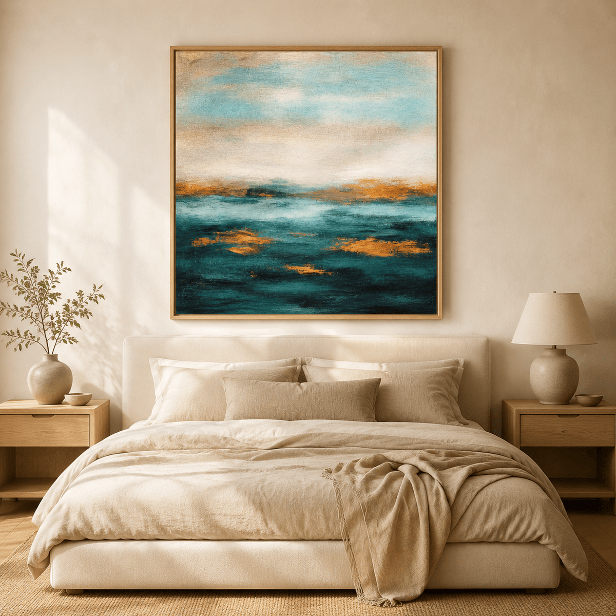 Abstract ocean wall art above a bed in a neutral bedroom – Golden Tide by Rossetti Art