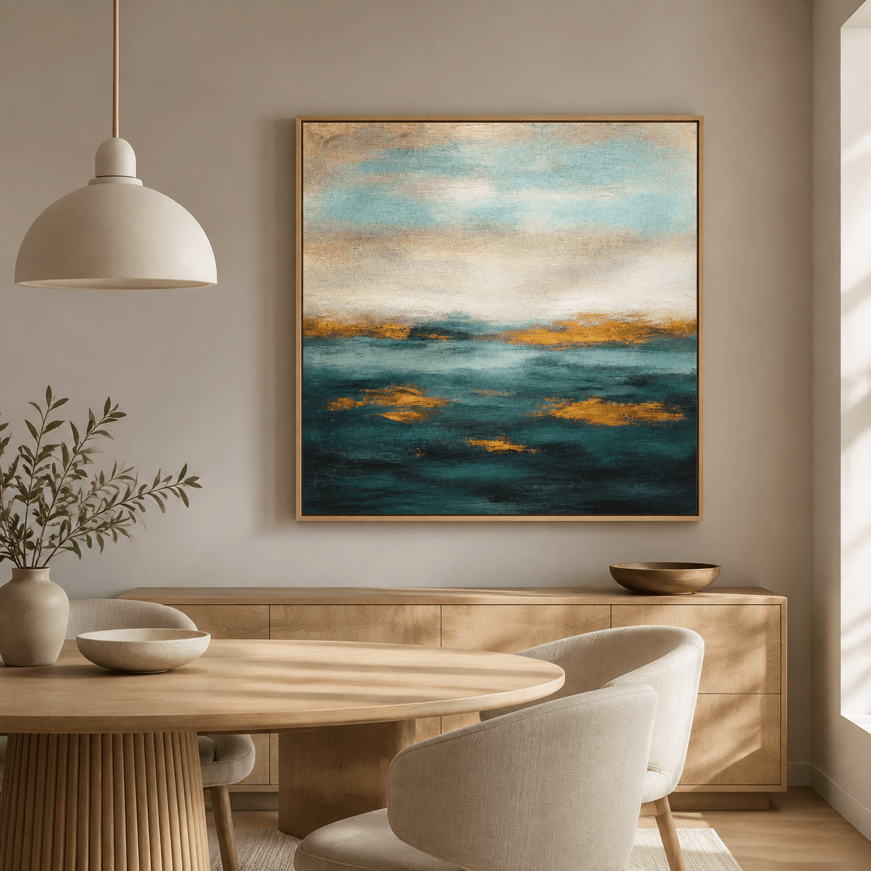 Abstract ocean wall art above a sideboard in a dining room – Golden Tide by Rossetti Art