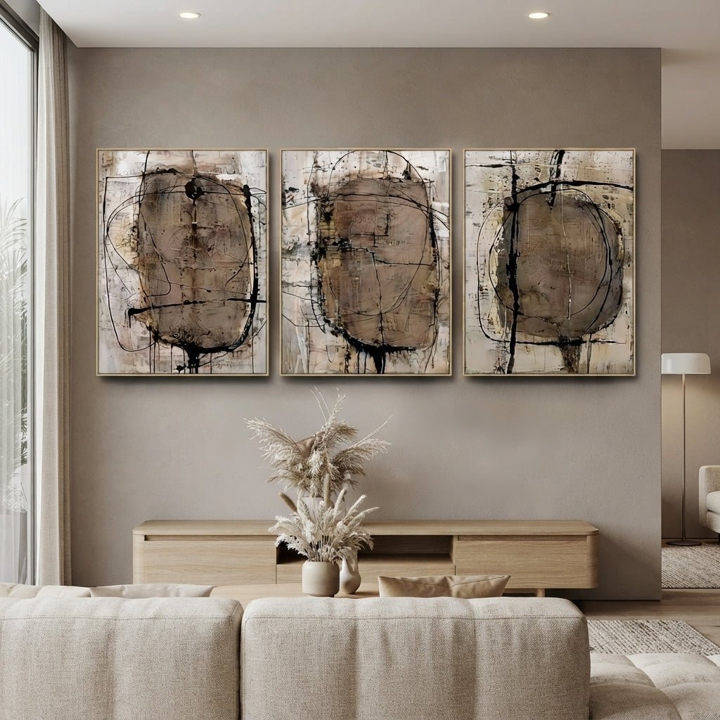 Abstract Painting Set of 3 – Weathered Formations by Rossetti Art