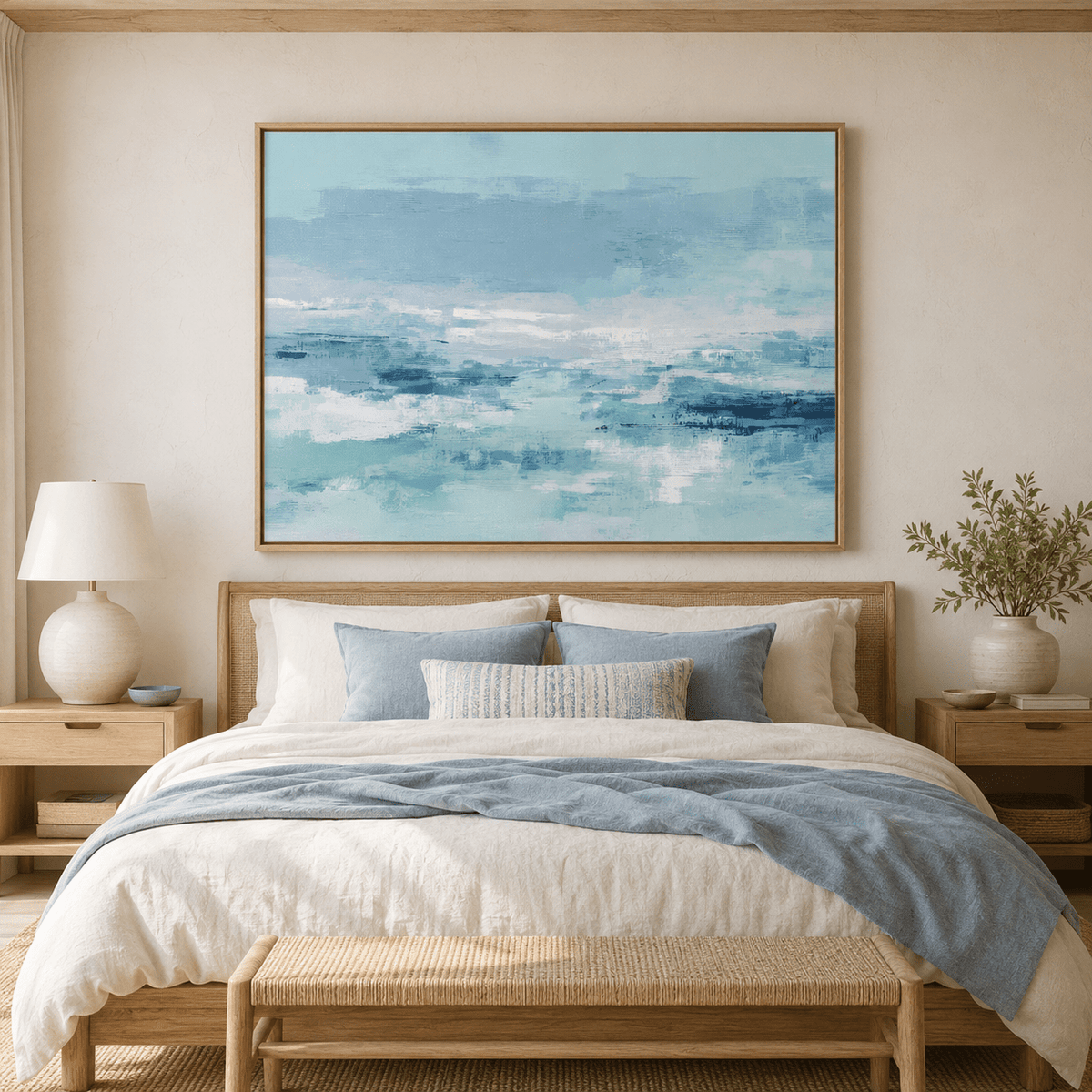 Abstract seascape painting in powder blue and seafoam teal above a coastal bedroom bed – Quiet Tide by Rossetti Art
