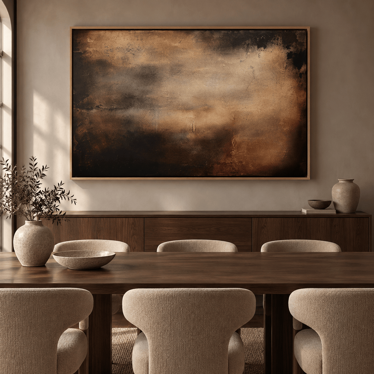 Abstract sky painting above a dining room sideboard – Ember Veil by Rossetti Art