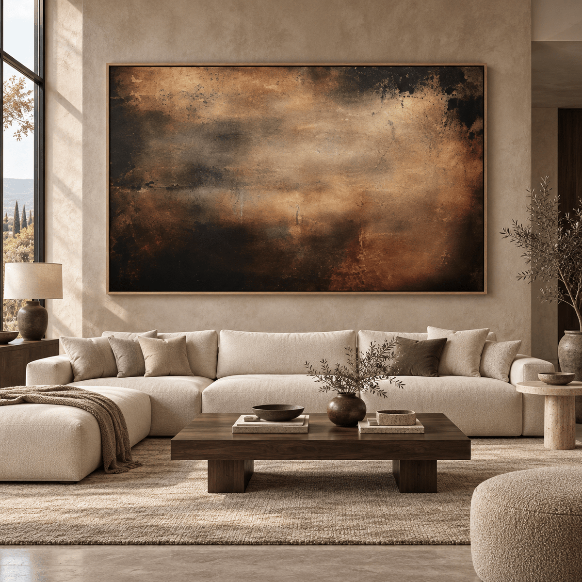 Abstract sky painting above a living room sofa – Ember Veil by Rossetti Art
