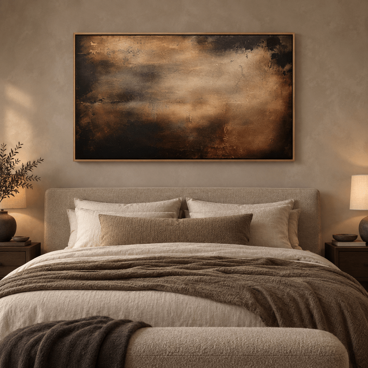 Abstract sky painting above a bedroom headboard – Ember Veil by Rossetti Art