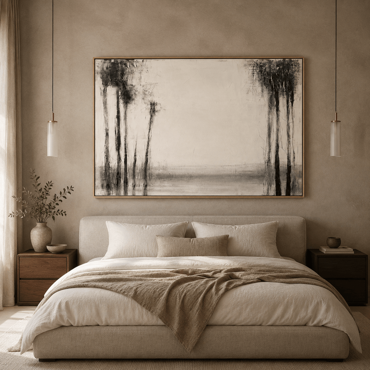 Abstract tree painting above a camel leather sofa in a contemporary living room – Winter Grove by Rossetti Art