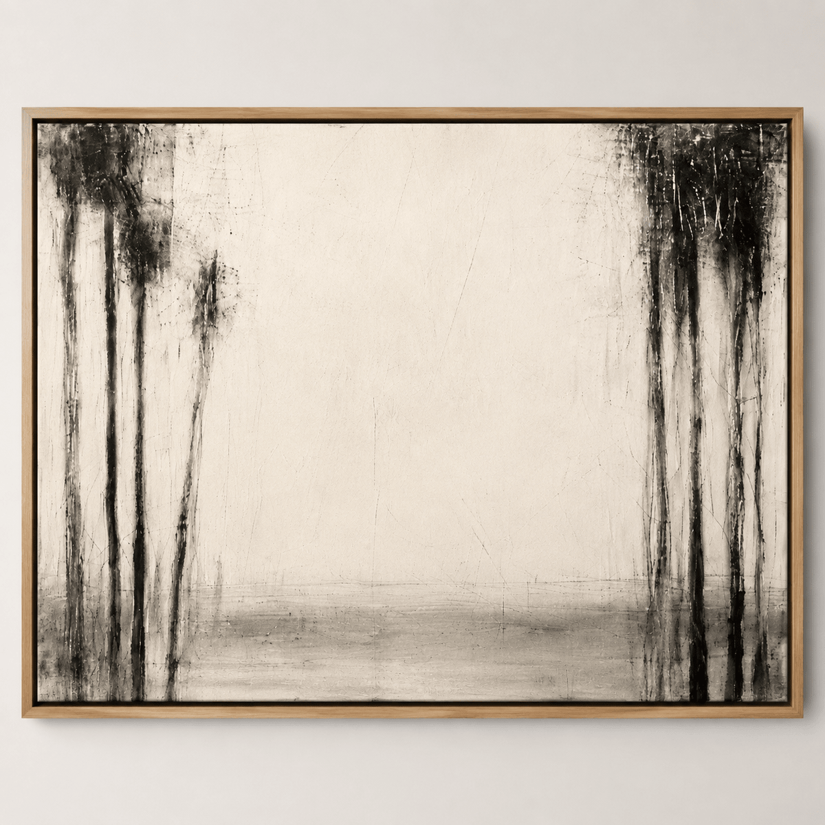 Abstract tree painting in a neutral Mediterranean-style living room above a beige boucle sofa – Winter Grove by Rossetti Art